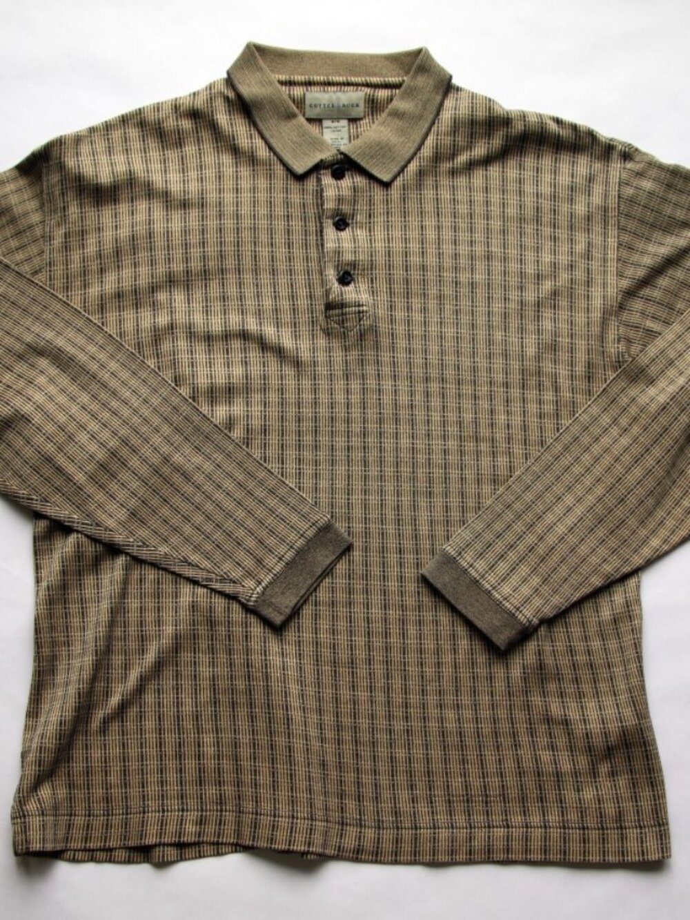 CUTTER & BUCK Tan with Black Striping Knit Pullover Shirt 100% Cotton Size M - Picture 1 of 4